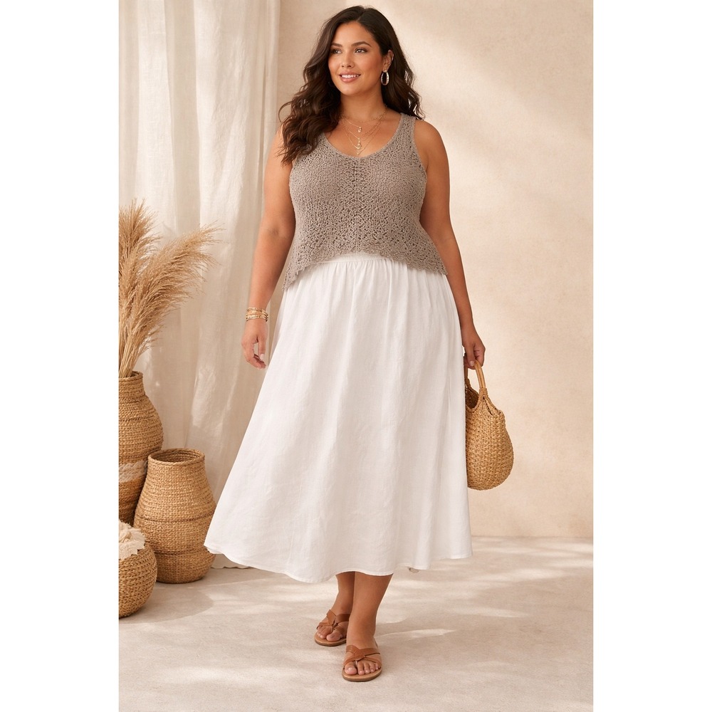 Eileen Fisher Woman 2X 100% Linen Ivory A-Line Midi Skirt Elastic Waist‎